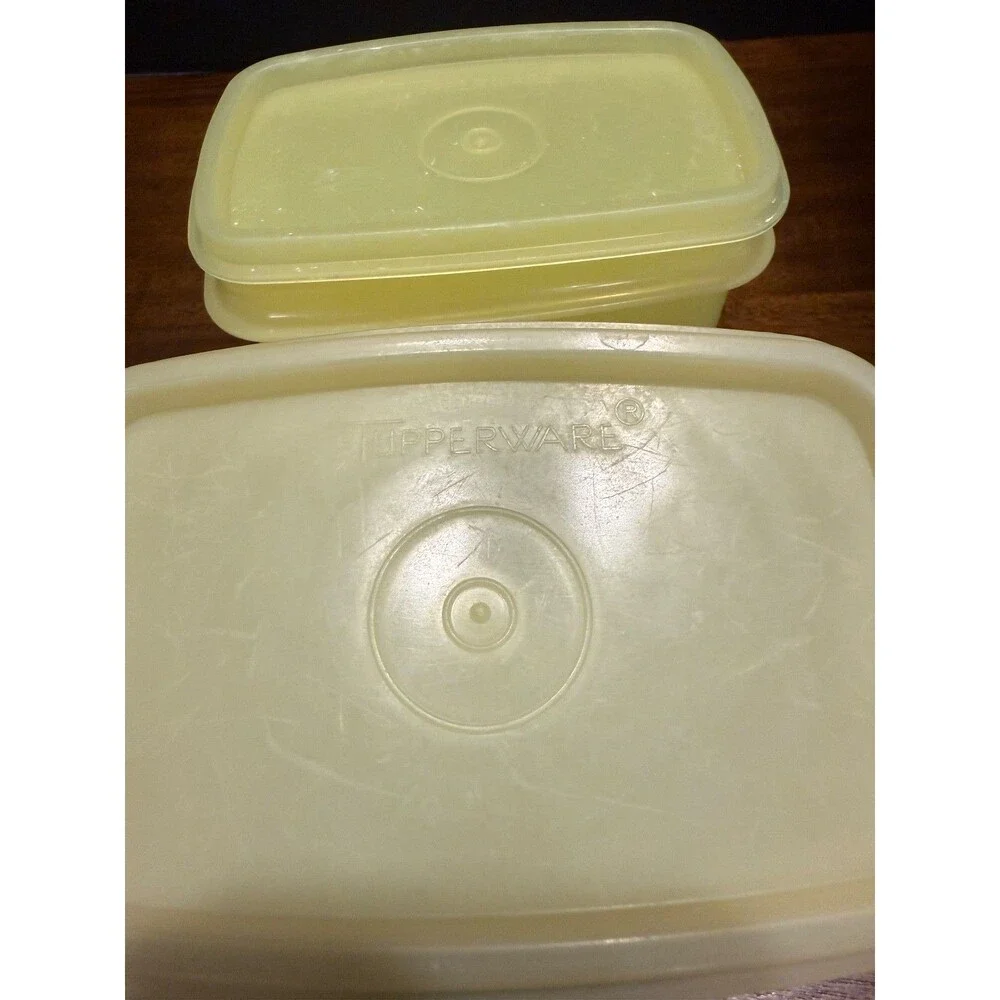 Lot of 2 Tupperware Vintage Shelf Saver Rectangle Small Container Yellow 1243-8.